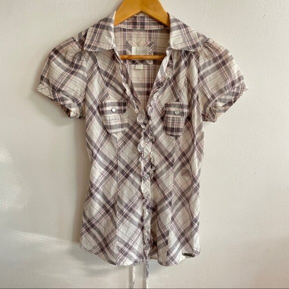 Vintage GUESS Jeans Plaid Short Sleeve Button Up Top - Picture 1 of 8